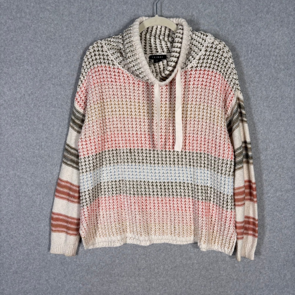 Tribal Sweater Large Green Rust Cream Waffle Knit Cowl Neck Chunky Comfy Slouchy